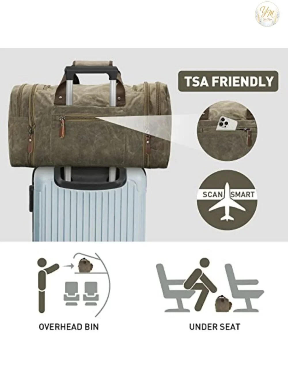 50L Waterproof Canvas Weekender Duffle Bag Travel Overnight